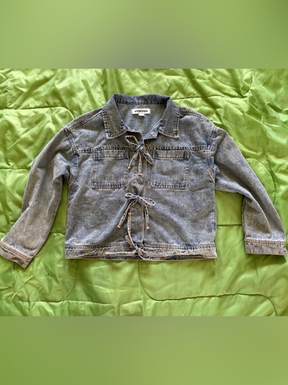 Vigoss Acid Wash Gray Denim Jacket with Drawstring Waist